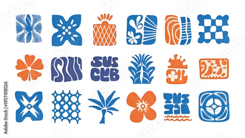 A collection of eighteen unique tropical island style icons in blue and orange on white background