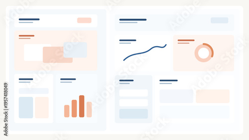 Minimal SaaS interface background with split screen modules, clean data widgets, layered panels, and structured app layout for template use in UI kits