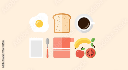 Breakfast food and drink items.