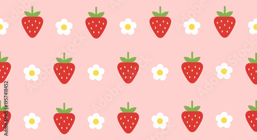 Fresh strawberries with green leaves.