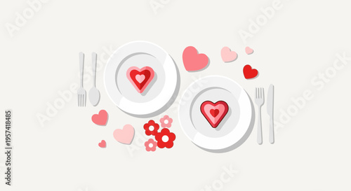 Heart shaped desserts on plates.