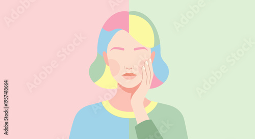 Woman with colorful hair touching face.