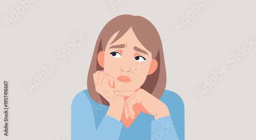 Woman with hands on chin looking.