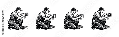 Black and white vector illustration of an electrician working on a socket showing four variations in a silhouette style