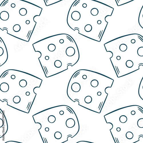 Cheese slice with holes, simple vector pattern in doodle and sketch style with Mediterranean blue line. Hand-drawn repeating design for kitchen textiles or food packaging