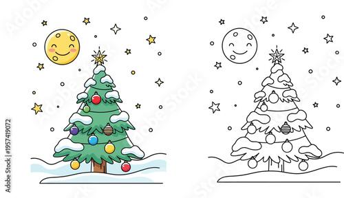 Cute Christmas tree and smiling moon coloring page for kids. Black and white outline and colored vector illustration of winter holiday scene.