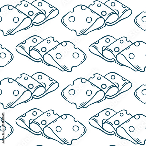 Mediterranean blue doodle pattern featuring swiss cheese slices with characteristic holes. Sweet dairy repeat for kitchen textiles or deli branding