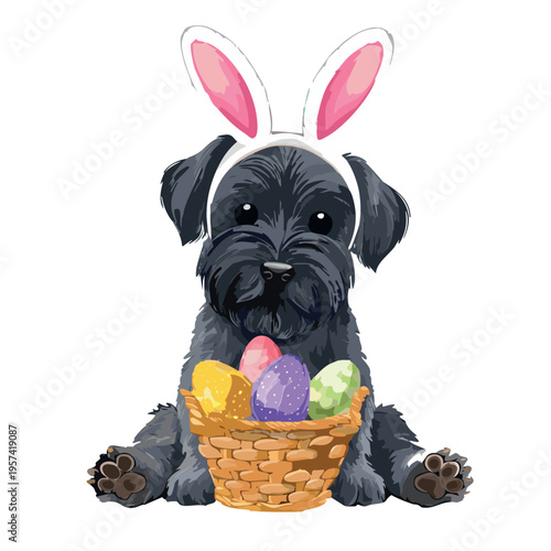 whimsical,sparkle, soft powder chalk, sketch, black giant schnauzer puppy, sitting, wearing a bunny footed onesie, and bunny ears headband,holding an easter basket,