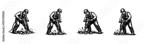 Vintage construction worker with jackhammer black and white silhouette illustration
