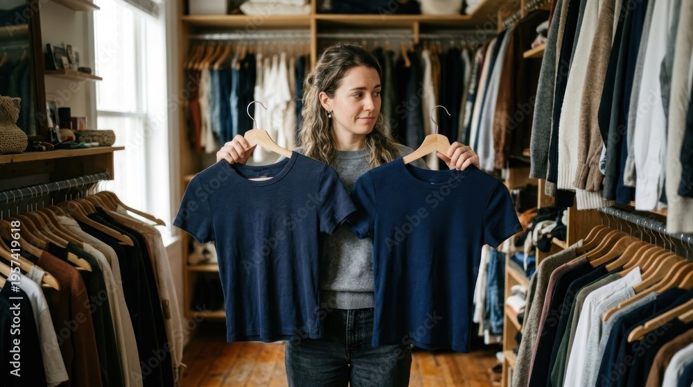 Fototapeta premium Woman holding t-shirts in closet