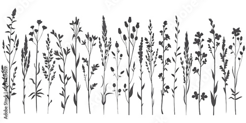 A minimalist black and white line art illustration featuring a dense field of wild meadow grass