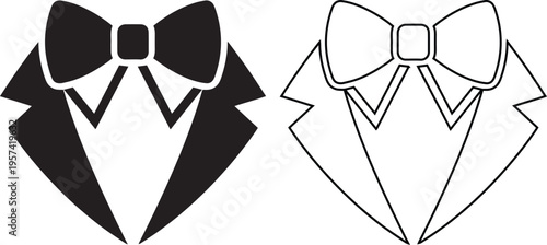 vector icons of a tuxedo suit jacket with a bowtie, showing a solid silhouette and simple outline for elegant gentleman fashion or formal event designs.