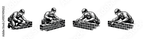 Construction worker building brick wall black and white vector illustration series