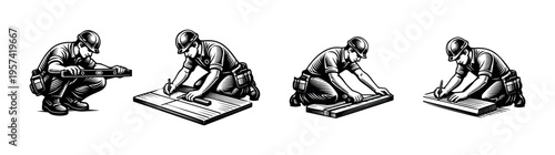 Black and white silhouette of construction worker engaged in various carpentry tasks vector illustration