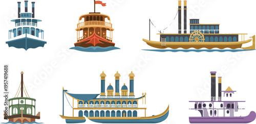Colorful illustration depicting a collection of vintage paddlewheel riverboats sailing on rivers in classic vector style
