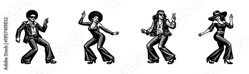 Retro dance party with disco attire, black and white vector illustration of dancing figures
