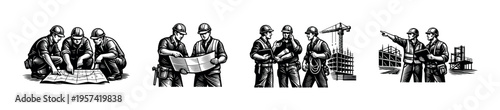Construction workers team, architectural planning, black and white vector illustration