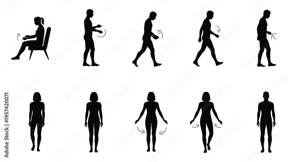 Fototapeta premium Human silhouette set of people walking sitting and standing with motion arrows