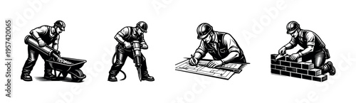 Construction workers in action, black and white vector silhouettes, building and engineering elements