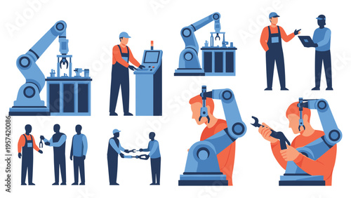 Industrial automation icons for smart factory manufacturing robotic arm technology and professional engineering workflow set