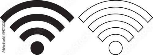Minimalist flat vector icon set featuring a wireless internet wi-fi network signal symbol in solid black silhouette and linear outline styles on a white background.