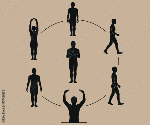 Movement sequence silhouettes for exercise and mindfulness routineMovement sequence silhouettes for exercise and mindfulness routine