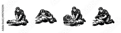 Black and white vector illustrations of emergency medical procedures with paramedics