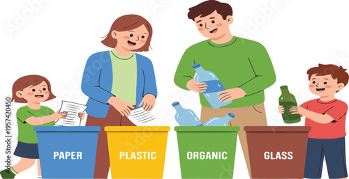 Family sorting recycling into labeled bins for paper, plastic, organic, and glass promoting eco-friendly habits vector illustration