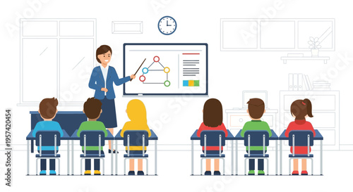 Teacher Explaining Diagram on Whiteboard to Students in Classroom