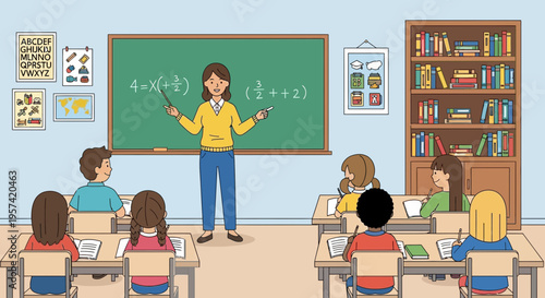 Teacher explaining math equation on blackboard to attentive students in classroom