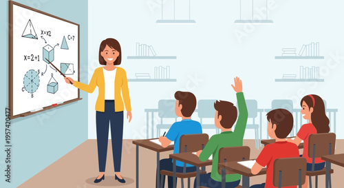 Teacher Explaining Math Equations on Whiteboard to Engaged Students in Classroom