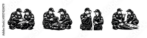 Emergency medical technicians in action, black and white silhouette, vector illustration set