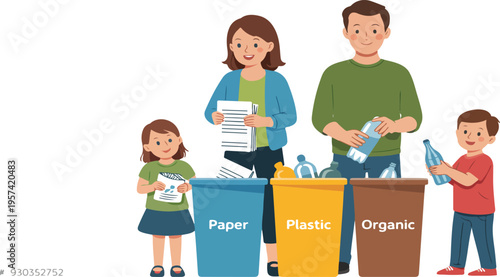 Family sorting recycling into labeled bins for paper, plastic, organic, and glass promoting eco-friendly habits vector illustration