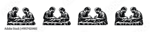 Surgeons performing surgery on a dog, veterinary concept, black and white silhouette vector illustration