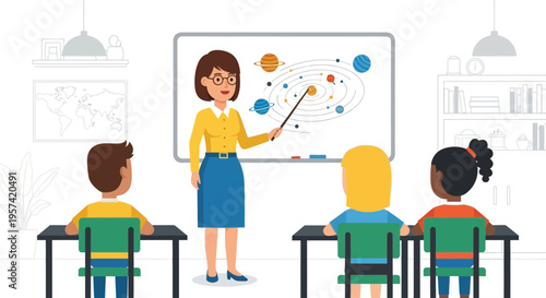 Teacher Explaining Solar System Model to Diverse Students in Classroom