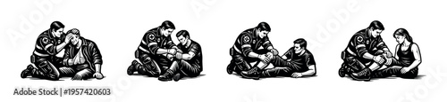 Medical emergency response silhouette illustrations featuring paramedics assisting injured individuals