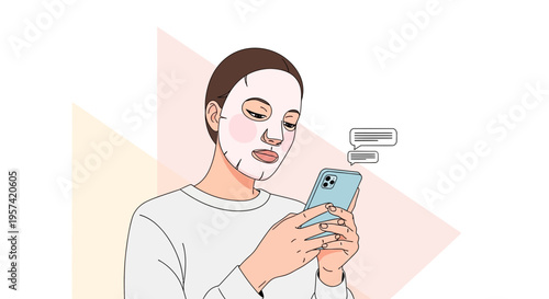 Woman with face mask texting on smartphone, self-care, beauty routine, modern lifestyle