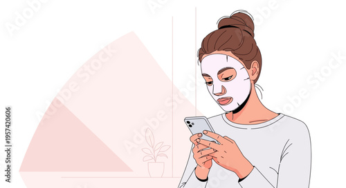 Woman with face mask using smartphone at home, self-care routine, digital detox concept