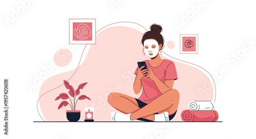 Woman with face mask using phone, self-care, relaxation, home spa, beauty routine
