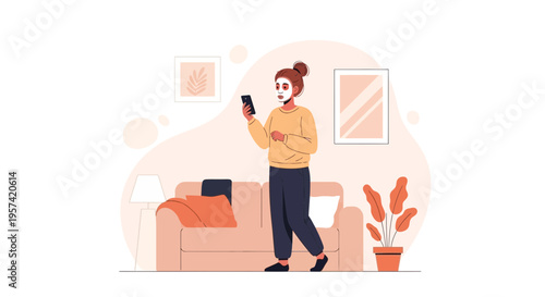Woman with face mask using smartphone at home, self-care routine, modern living room