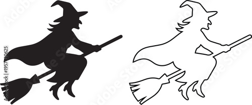 vector illustration features a spooky Halloween witch flying on a magic broomstick in both a solid black silhouette and a simple outline style for creepy holiday graphic designs.