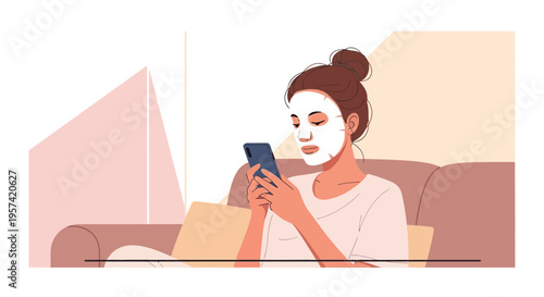 Woman with face mask using smartphone on sofa, self-care and relaxation at home