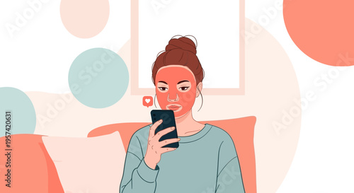 Woman with face mask using smartphone on sofa, self-care, relaxation, home lifestyle