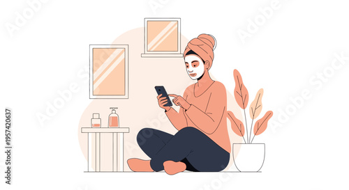 Woman with face mask using smartphone, relaxing at home, self-care routine