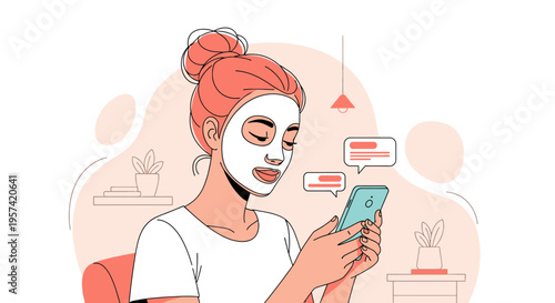 Woman with face mask using smartphone, relaxing at home, self-care and communication