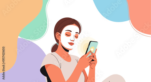 Woman with face mask using smartphone, self-care and relaxation at home