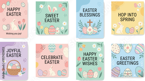 Collection of Cute Easter Greeting Cards Featuring Hand Drawn Bunnies, Decorated Eggs, Floral Spring Elements, and Religious Blessings for Seasonal Holiday Marketing