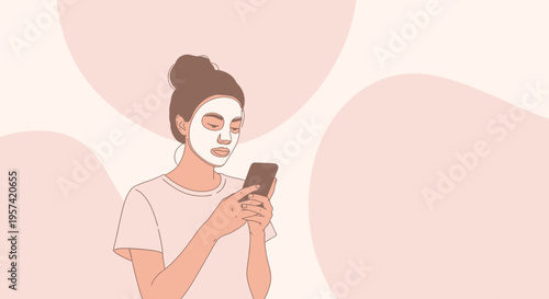 Woman with face mask using smartphone, self-care and digital connection concept