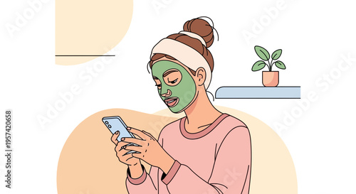 Woman with face mask using smartphone, self-care and relaxation at home