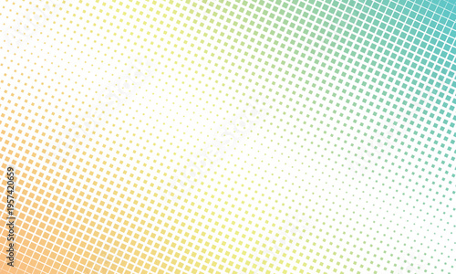 中央が明るい四角いタイルが連続する斜めに傾いたオレンジと緑のグラデーションのハーフトーン